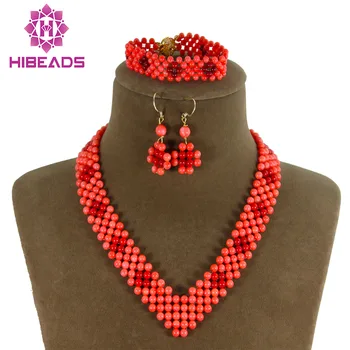 

Popular Nigerian African Wedding Beads Pink Coral Beads Jewelry Set Necklace Bracelet Earrings Set Free Shpping CJ046