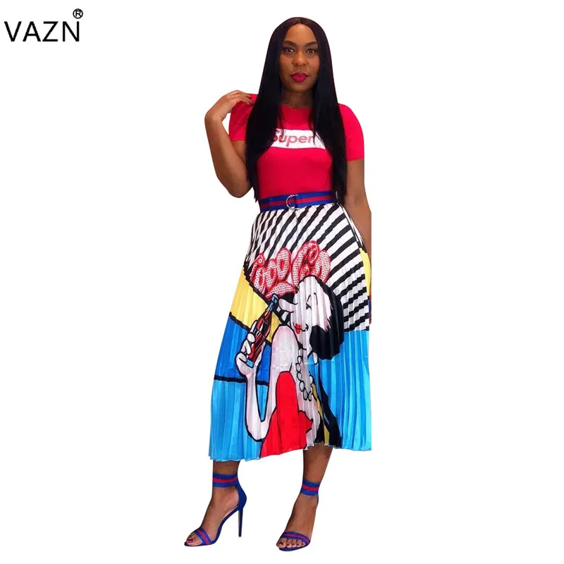 VAZN бренд высокое качество пикантные Для женщин юбки мультфильм шифон Джокер уменьшение возраста Womne плиссированная юбка макси ALS098