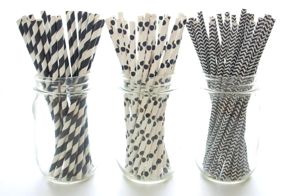 

500 шт. Смешанная черная полосатая бумага с узором «шеврон» Питьевая соломинка для рождественской свадьбы, дня рождения детей, одноразовые бумажные соломинки.