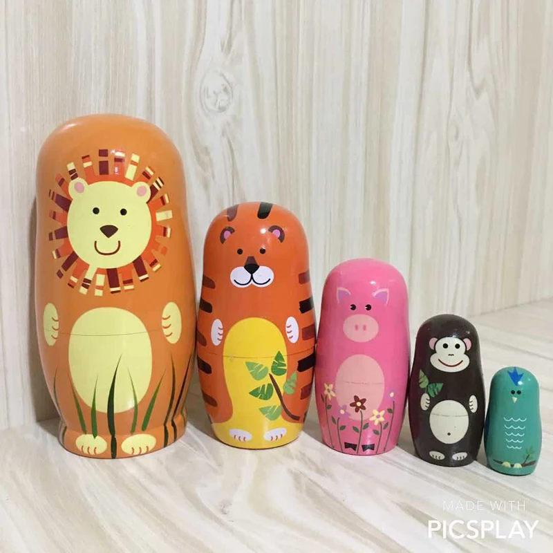 5 PCS/set Cute Russian Nesting Dolls Matryoshka Doll Toy 6&quot Tall Handmade Wooden Craft Cartoon Animals Pattern Kids Toys Gifts | Игрушки