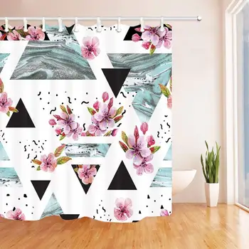 

Bath Curtain Watercolor Cherry Tree Blossom Flowers with Triangles Polyester Fabric Waterproof Shower Curtain for Bathroom