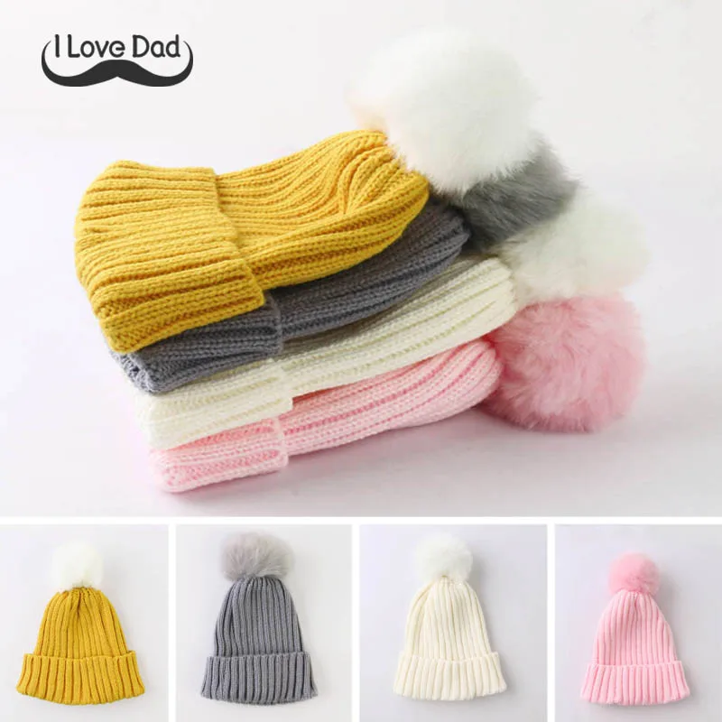 

Knitted Winter Hat For Child Autumn Children Hat For Baby Girls Boys Caps With Pompom Plush Ball Beanies Stripe Crochet Caps