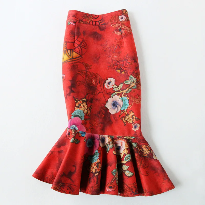 Асимметричная гофрированная замшевая юбка с принтом рыбий хвост Женская высокая облегающий талию, бедра meiamrd юбка-годе плюс размер 4XL