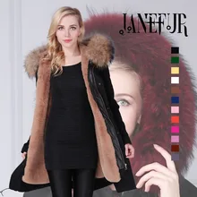 Hot Sale Brand Winter New Women Black Shell Parka Jacket Coats Thick Real Raccoon Fur Collar Hooded Fur Lining Long Version