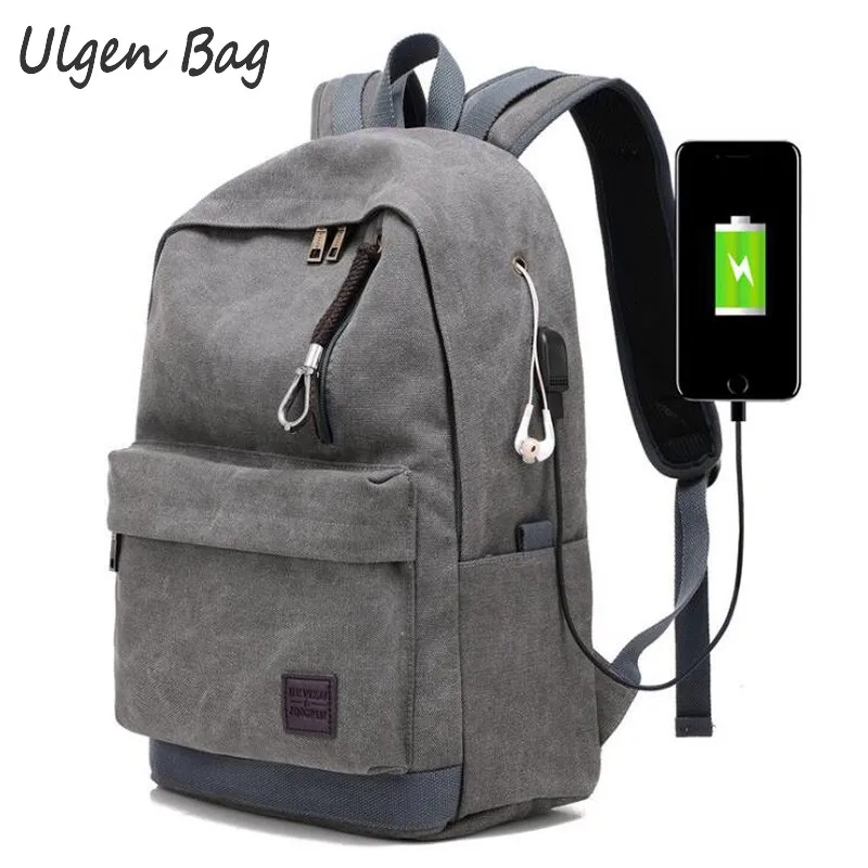 

2017 Men Male Canvas USB Charge Backpack College Student School Bags for Teenagers Vintage Mochila Casual Rucksack Travel Daybag