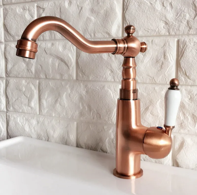 Antique Red Copper Brass Bathroom Kitchen Basin Sink Faucet Mixer Tap Swivel Spout Single Handle One Hole Deck Mounted mnf409
