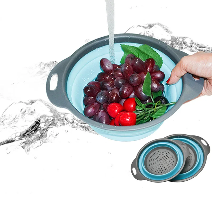 

Foldable Silicone Colander Fruit Vegetable Washing Basket 2Sizes Outdoor Portable Strainer Sweet Color Drainer Basket