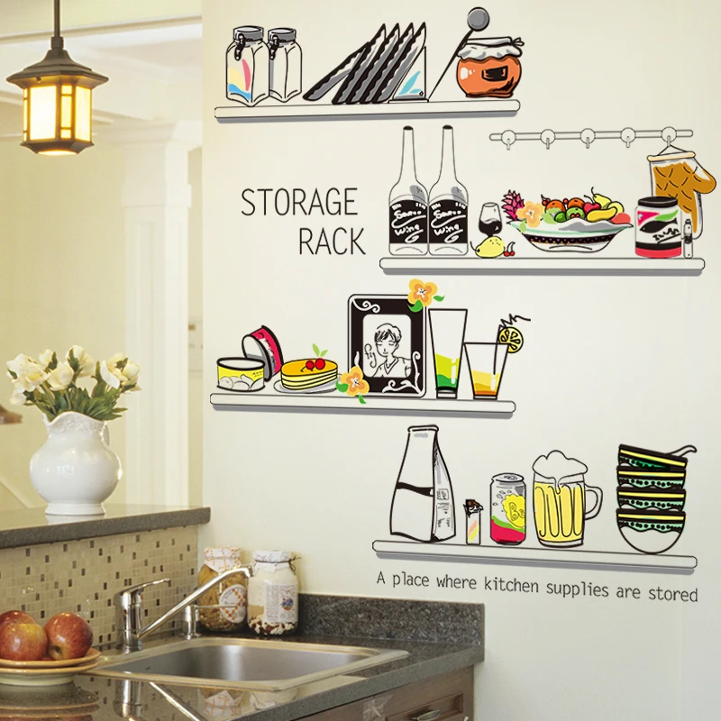 

[SHIJUEHEZI] Kitchen Sticker PVC Material DIY Storage Shelf Wall Decals for Dining Room Cupboard Fridge Glass Decoration