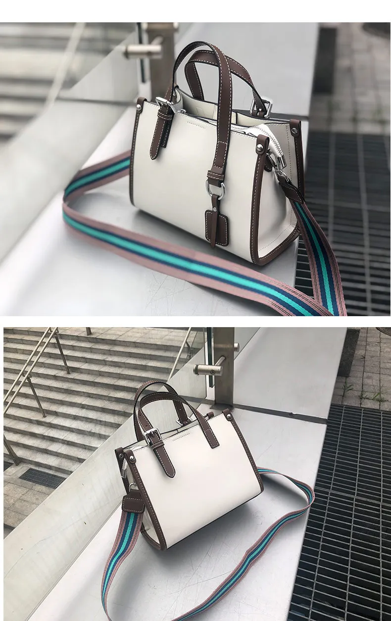 Color Blocking Daily Purse OL Business Tote Bag Genuine Leather Women's Shoulder Bag Small Top-handle Handbag