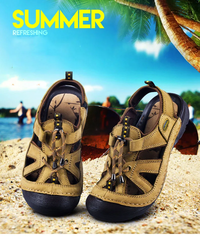 Мужские летние кожаные походные туристические сандалии, мужские кроссовки для воды, пляжа, морской рыбалки, горные сандалии