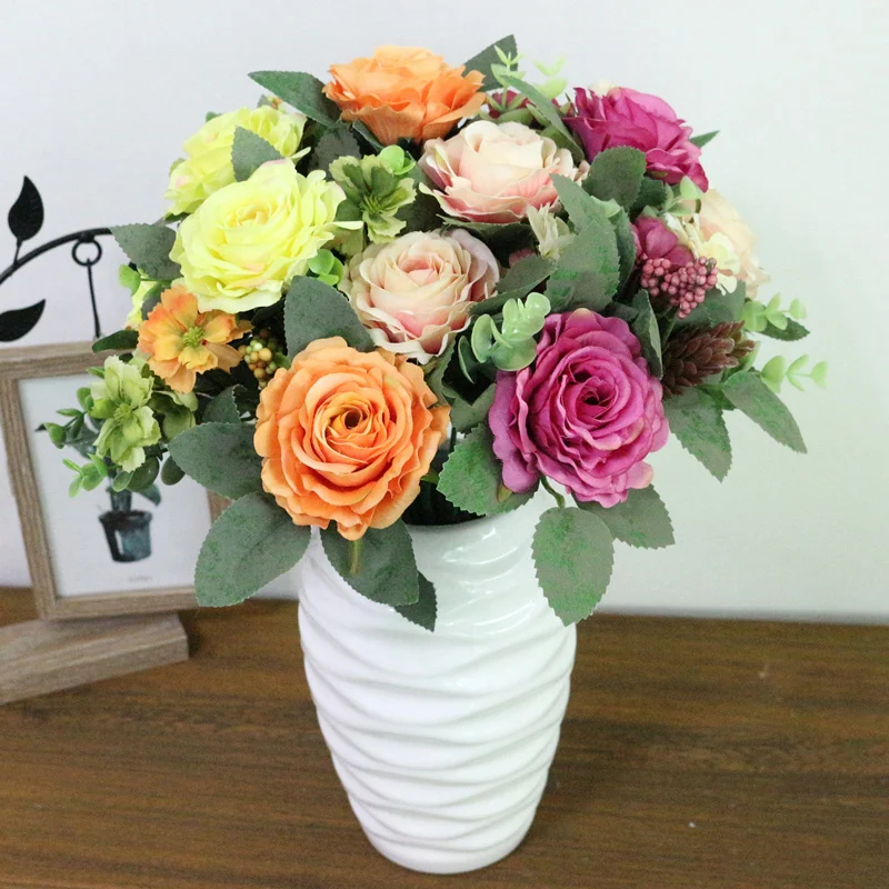 JAROWN Artificial Flowers Silk Plastic Flowers Pinecone Roses Bouquets Flower Bouquet For Wedding Home Party Decoration Decor (9)