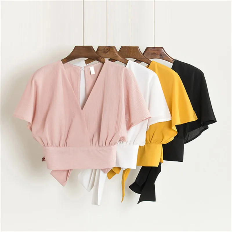 2019 New Summer V-neck Shirts Backless Bowtie Lace Up Chiffon Blouses High Waist Short Batwing Sleeved Sexy Tank Tops W70