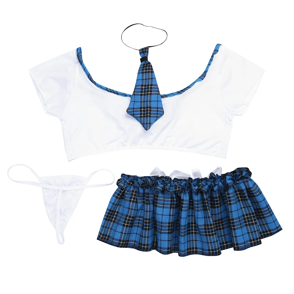 Белый и синий женский школьный комбинезон Униформа женское белье укороченный топ клетчатая мини-юбка и стринги галстук Хэллоуин ролевый костюм