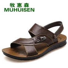 Sandálias dos homens Muhuisen Preto Com Alta Qualidade de Couro Genuíno Dos Homens Casuais Sandálias Para Moda Jovem Menino Homens Sandália Verão sapatos