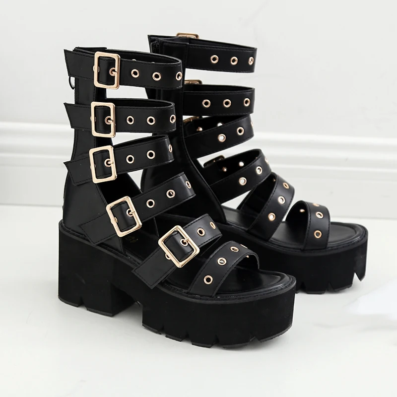 

Ladies Platform Sandals Punk Style Ankle Buckle Chunky Sandals Roman Ladies Wedge Sandals Casual Open Toe Black Women Sandals
