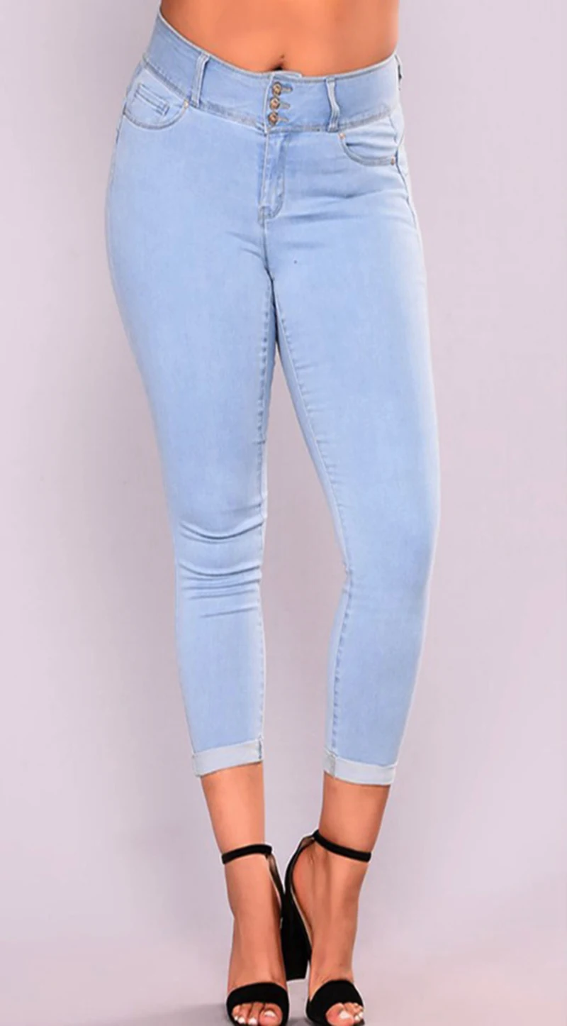 Большие размеры джинсы женские с высокой талией карандаш женские джинсовые брюки отбеленные вареные пуговицы Модные однотонные джинсы