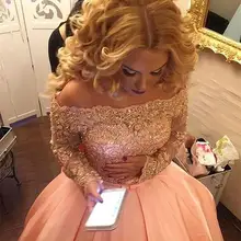 Модные персиковые пышные платья бальное платье для выпускного вечера с длинными рукавами с открытыми плечами принцесса сладкий 15 вечерние платья