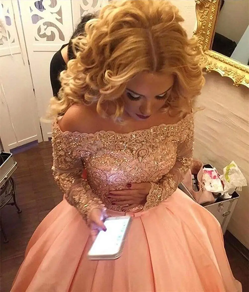 

Fashion Peach Quinceanera Dresses Ball Gown Prom Dress Long Sleeves Off The Shoulder Princess Sweet 15 Formal Party Gowns 2018
