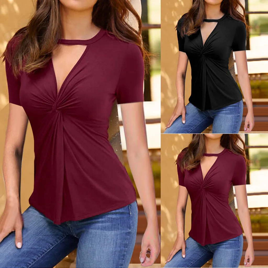 

2019 Ladies deep VT shirt top 2019 summer women new solid color short-sleeved casual fashion polyester shirt top camiseta mujer