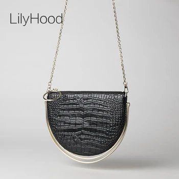

Cowhide Crocodile Skin Print Semi Circle Handbag Lady Small Chain Clutch Bag Women Designer Genuine Leather Black Shoulder Bag
