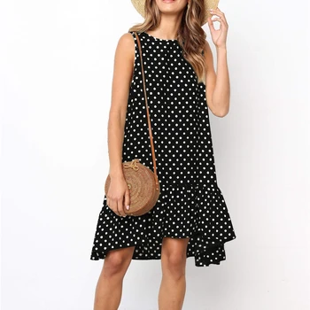 

summer Women Fashion Polka Dot Printed Sleeveless Dress Casual Loose Round Neck Daily Ruffles Dress
