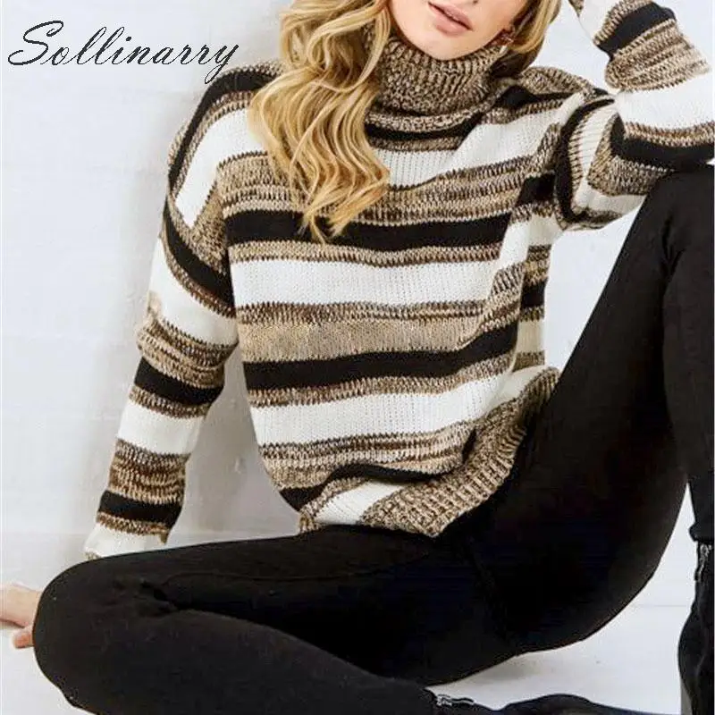 

Sollinarry Turtle Neck Autumn Women Knitted Sweaters Stripe Long Sleeve Winter Fashion Sweaters Pullovers Women Jumper Plus Size