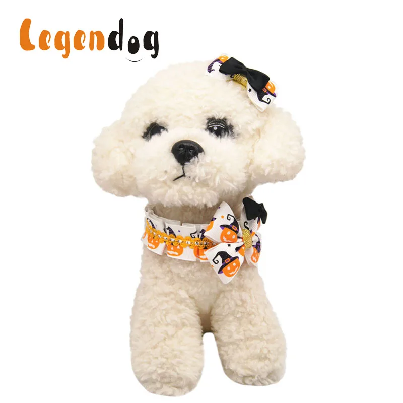 

Halloween Dog Collar Easy-On Pumpkin Printed Bowknot collar and Hair Clip set with bowtie for pet gift Pet Collar