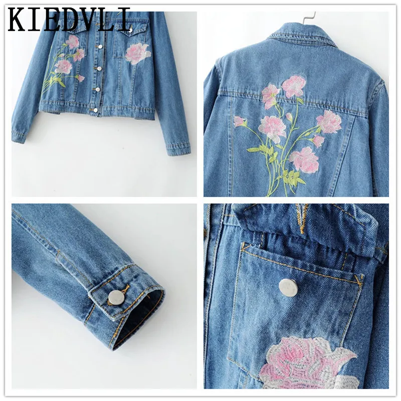 KIEDVLI Spring Autumn Jackets Vinatge Denim Jacket Floral Embroidery Fashion Coat Women Solid Long Sleeve Outwear 9757