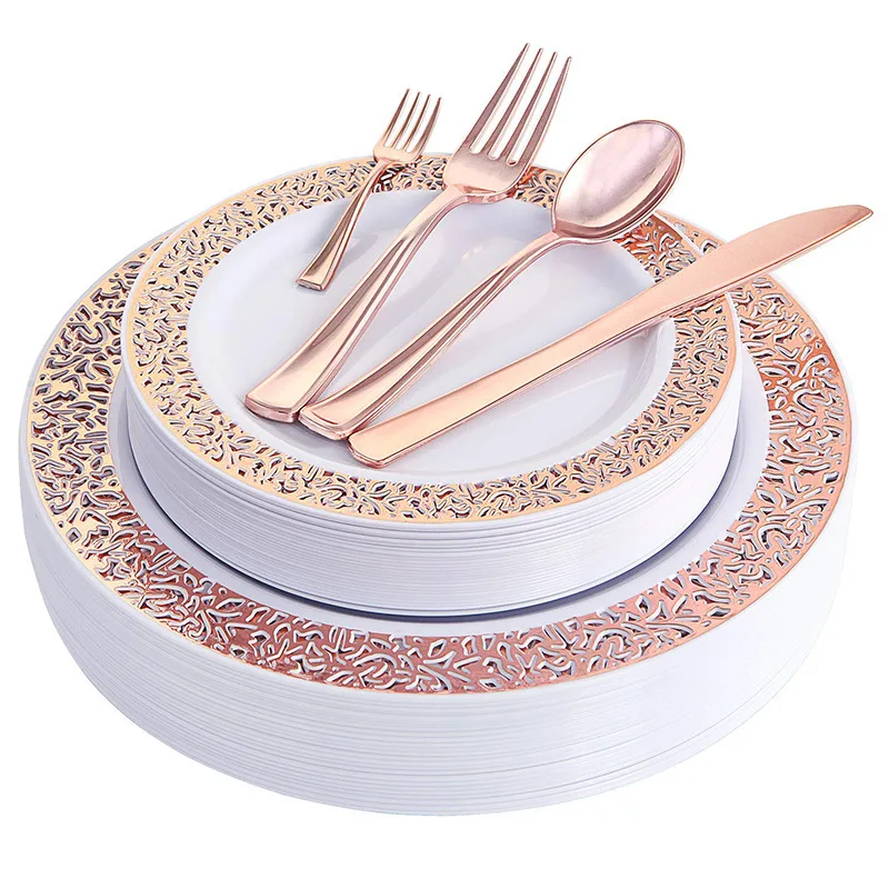 150 шт розово-Золотые пластиковые тарелки с одноразовым пластиковым столовым серебром, наборы пластиковых столовых приборов с кружевным дизайном на все праздники