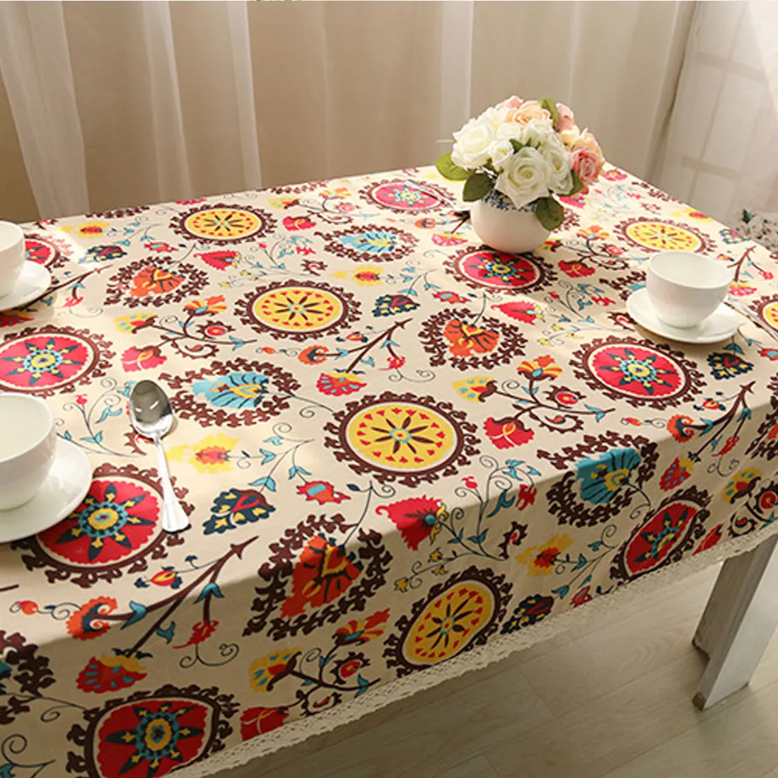 Cotton Linen Lace Flower Print Decorative Table Cloth Tablecloth Dining Table Cover For Kitchen