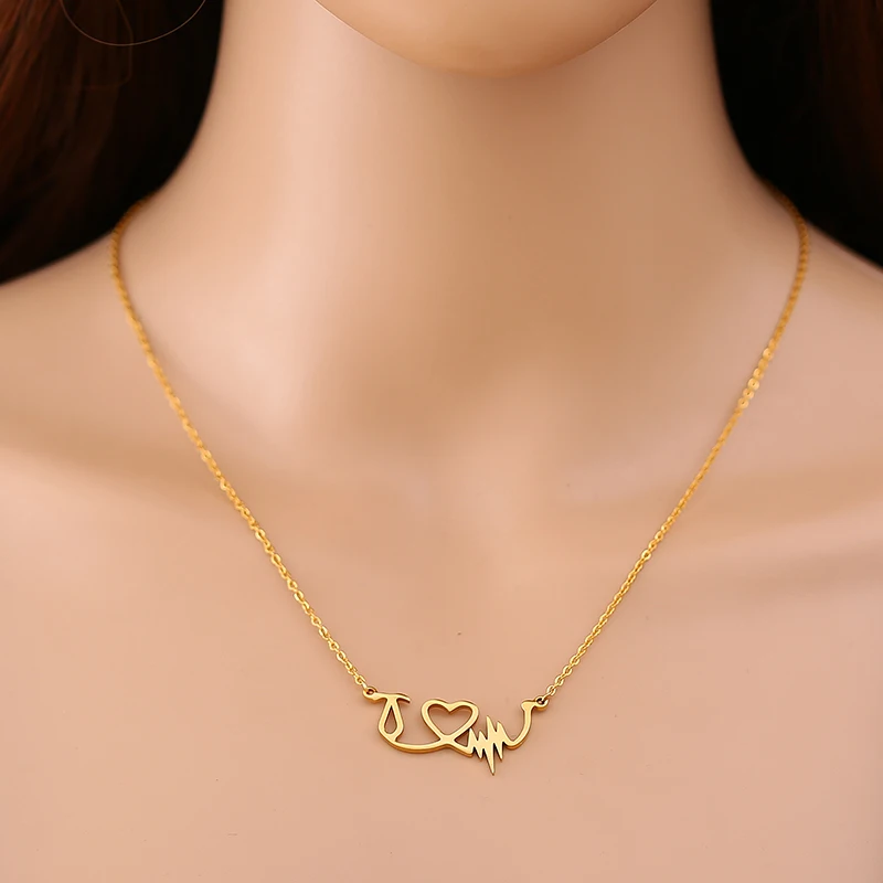 AMORUI Heartbeat Charm Statement Necklace Women Heart Stethoscope Stainless Steel Necklaces Jewelry Bijoux Gift Bague Femme