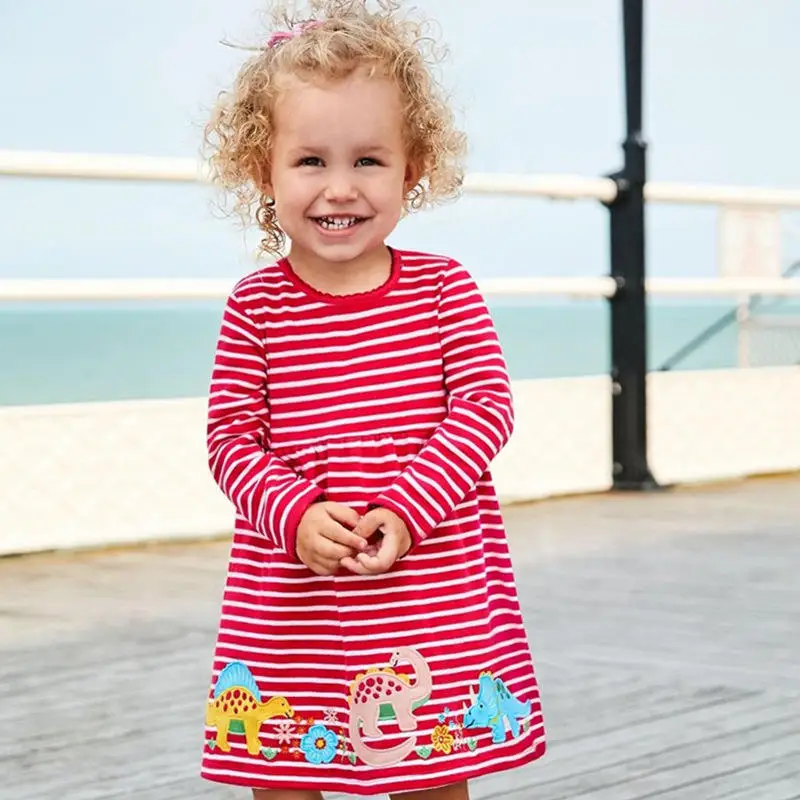 

Cotton Spring-Fall Kids Dress Long Sleeve Striped Casual Animals Applique Girls Baby New Clothing Princess Children's Dresses