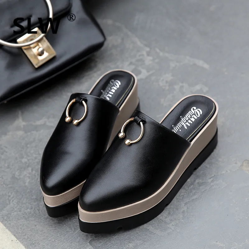 

wedges slippers woman outdoor thick bottom all-match fashion korean style pointed toe muffins mules shoes women metal decorate