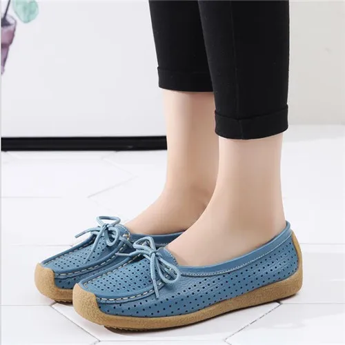 

2018 Summer Women Ballet Shoes Flats Cut Out Leather Breathbale Moccains Women Boat Shoes White Ballerina Ladies Shoes