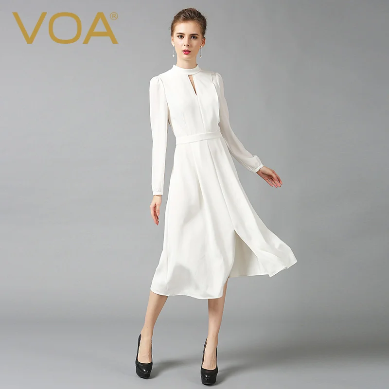 

VOA Plus Size White Silk Party Dress Women Chinese Style Slim Tunic Vintage Long Sleeve Sexy Hollow Out Spring Dresses A6325