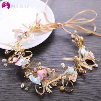 

MOLANS Handicraft Stimulation Floral Color Beads Bridal Wreath for Wedding Twisted Gold Alloy with Orange Ribbons Headpiece