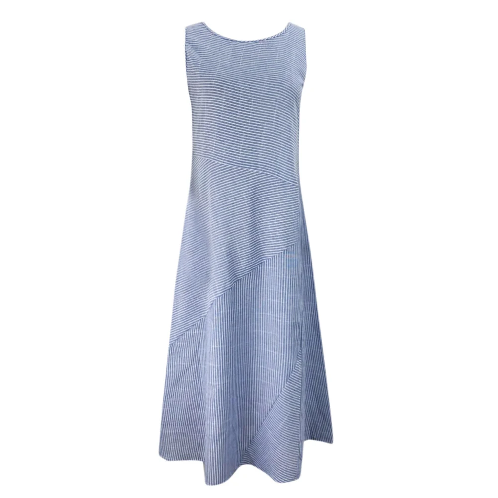 

2019 Women Boho Strip Tunic Dress Summer Casual Baggy Sleeveless Long Dress Loose O Neck Beach Sundress Plus Size