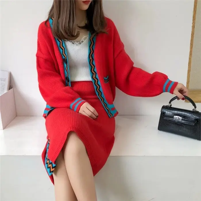 red Комплект из двух предметов, осенний свитер, юбка, Женский Зимний вязаный кардиган с длинными рукавами, высокая юбка с тонкой талией, женская модная одежда, f1363 - Цвет: red