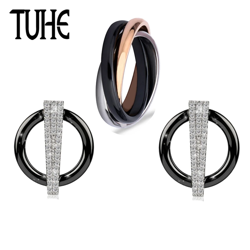 

Hot Black Rose Gold Silver 3 Circles Finger Ring for Woman Wedding Jewelry Healthy Ceramic Shining Crystal Earrings Jewelry Set