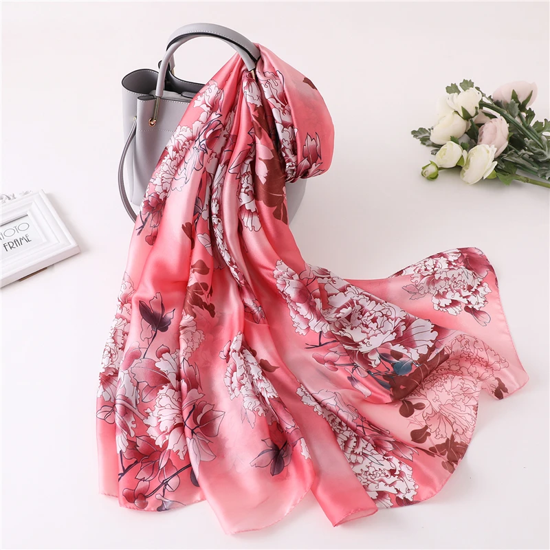 

2019 summer women silk scarf fashion brand floral print shawls and wraps lady pashmina bandana foulard long size beach stoles