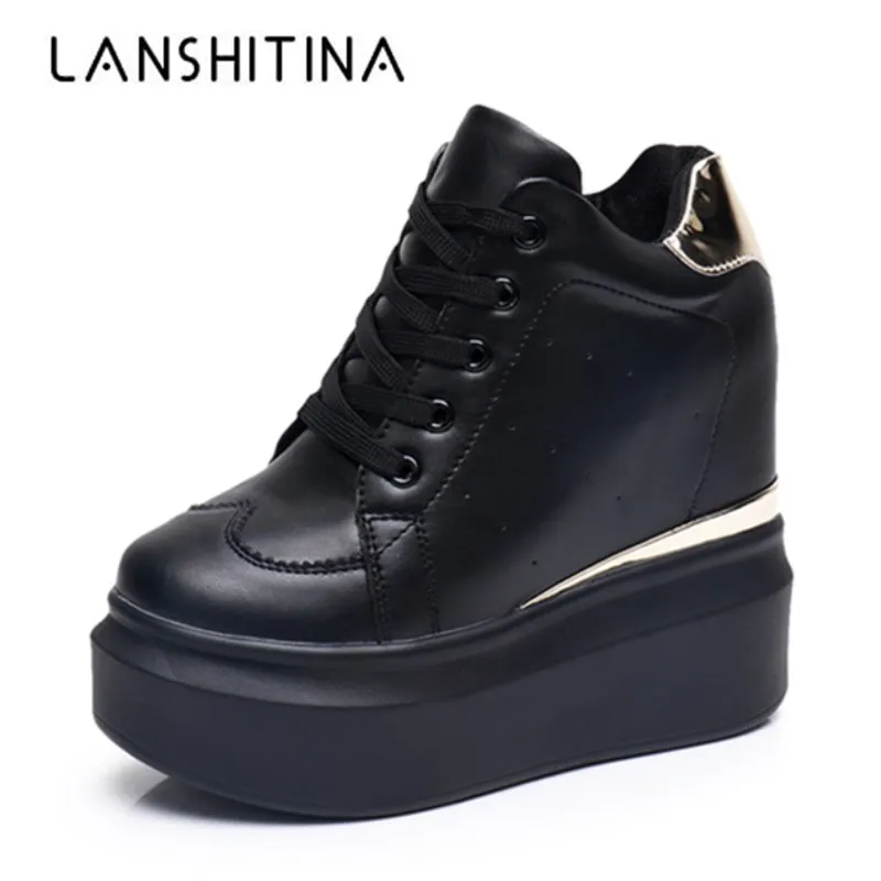 Online 2018 frauen Hohe Plattform Schuhe Herbst Atmungsaktive Leder Casual Schuhe Höhe Zunehmende Schuhe 12 CM Dicke Sohle Damen Turnschuhe