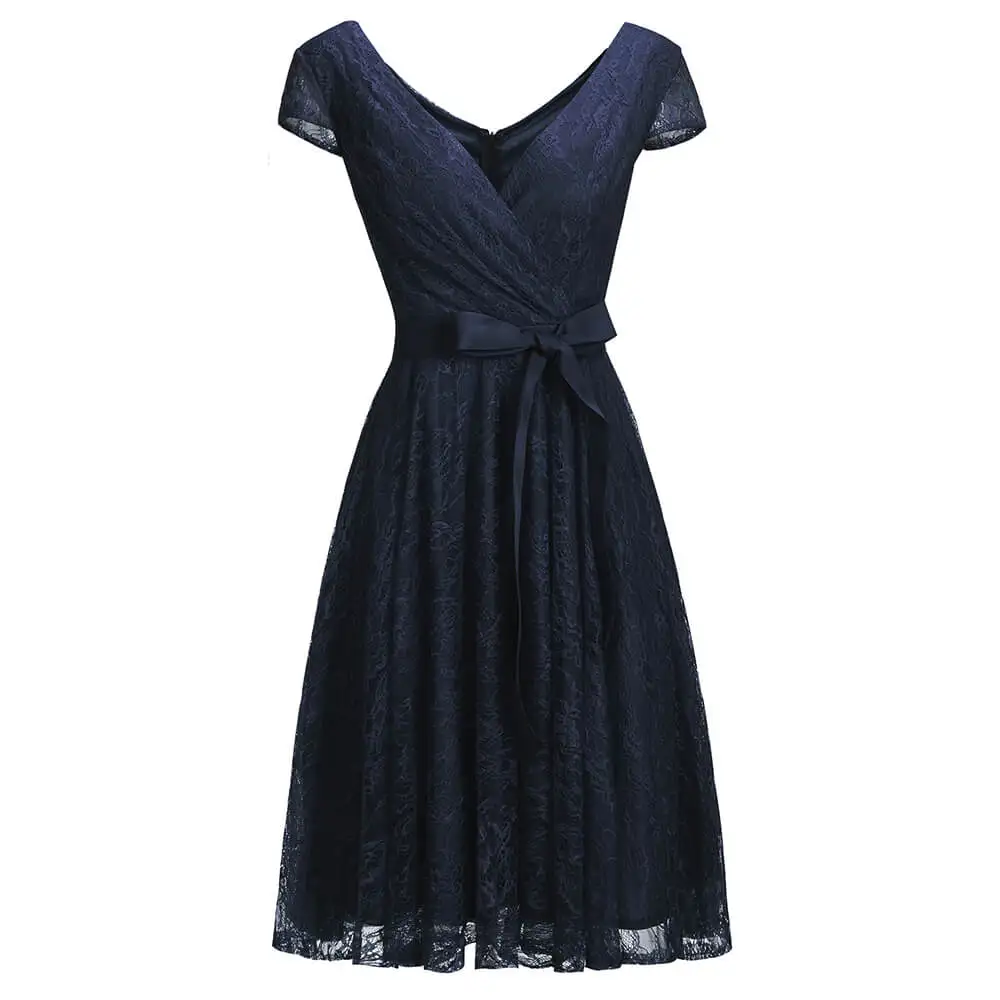 Новые женские платья размера плюс, кружевные короткие вечерние платья, Элегантное коктейльное платье без рукавов с v-образным вырезом и поясом - Цвет: Тёмно-синий