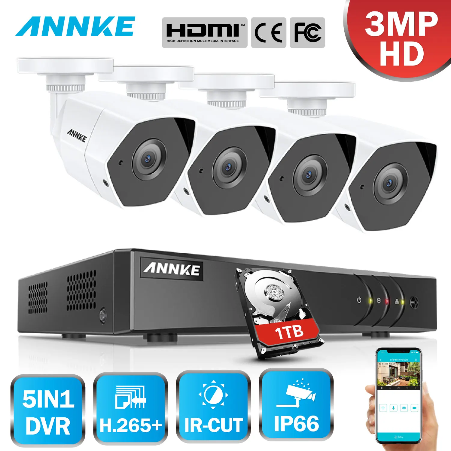 ANNKE Full HD 8CH 3MP 5в1 система видеонаблюдения DVR комплект 4 шт. защита от атмосферных