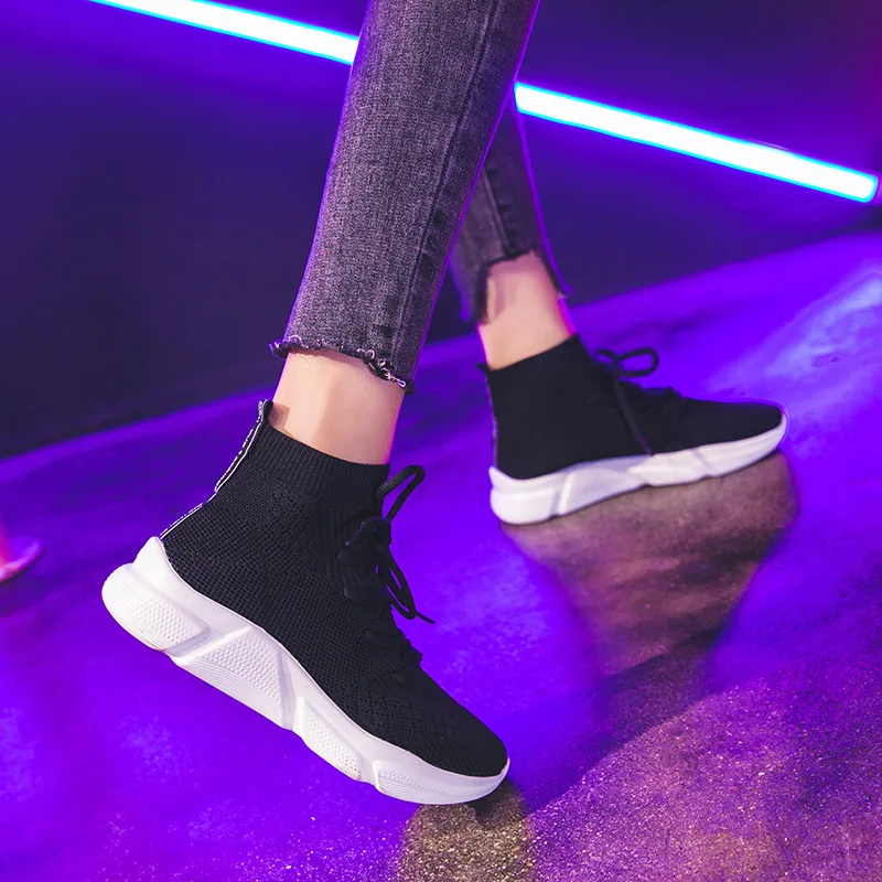

Women Spring Sneakers Knitting Sock Female Vulcanized Shoes Casual Slip On Flat Shoe Mesh Soft Walking Footwear