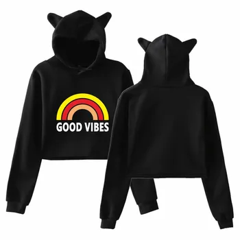

New Fashion Women Hooded Rainbow Print Cat Ear Exposed Navel Loose Pullovers Autumn Casual Fashion Street Brand Sweatshirt Femme
