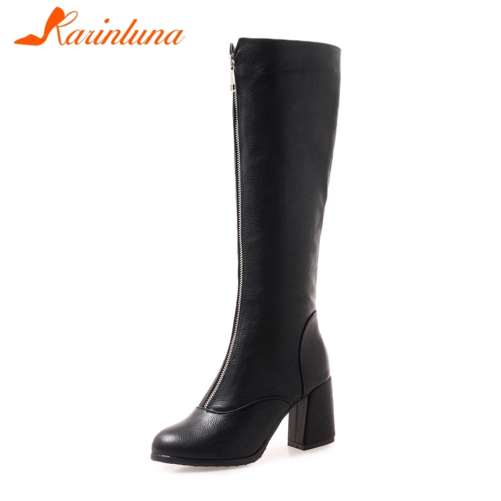 

KARINLUNA Plus Size 32-46 New Popular Zipper Decoration High Heels Shoes Woman Casual Party Retro Winter Spring Mid Calf Boots