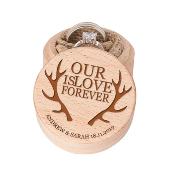 

Personalized Rustic Deer Antlers Ring Box Wedding Engagement Proposal Ring Holder Bearer Box Wooden Name Round Christmas Boxes