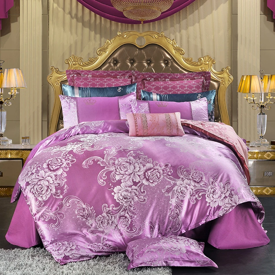 100 Cotton Purple Flowers Jacquard Duvet Cover Set Solid Color Bed