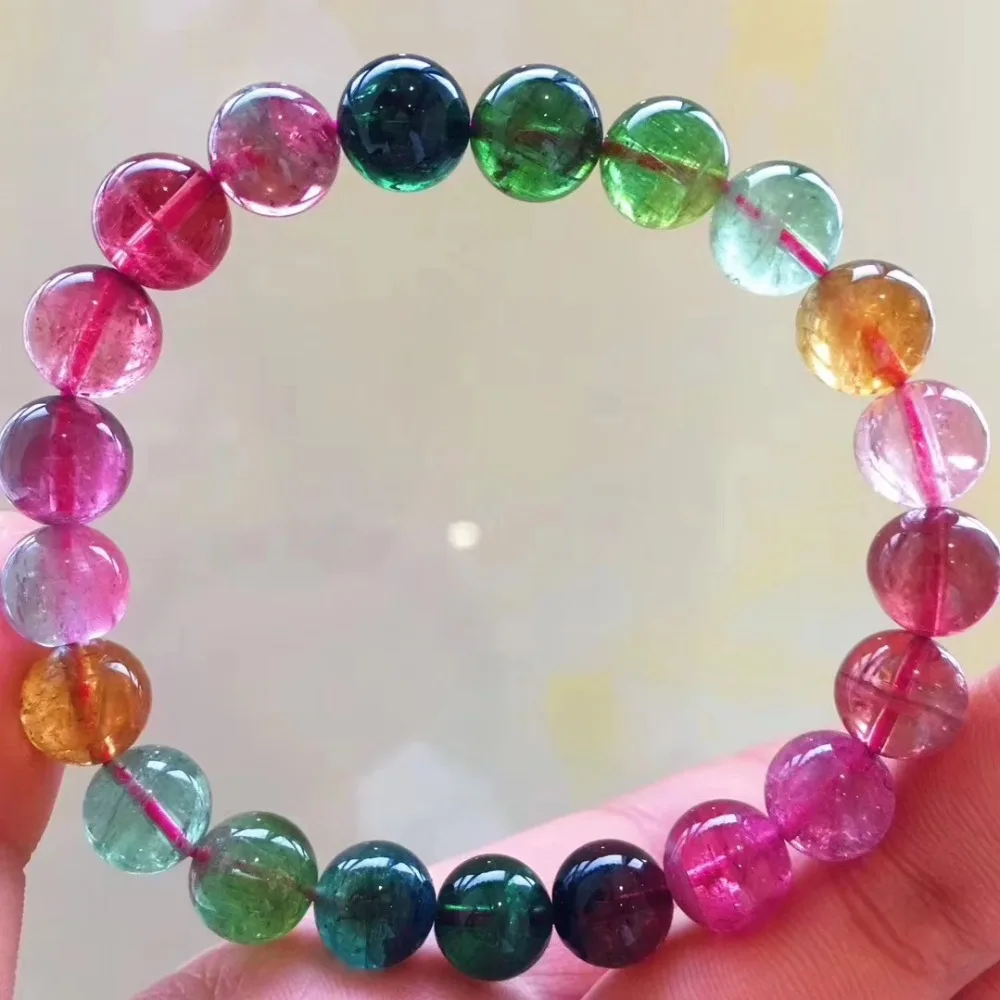 

Natural Colorful Rainbow Tourmaline Jewelry 9mm Woman Man Fashion Healing Prayer Round Beads Brazil Bracelets AAAAA Certificate
