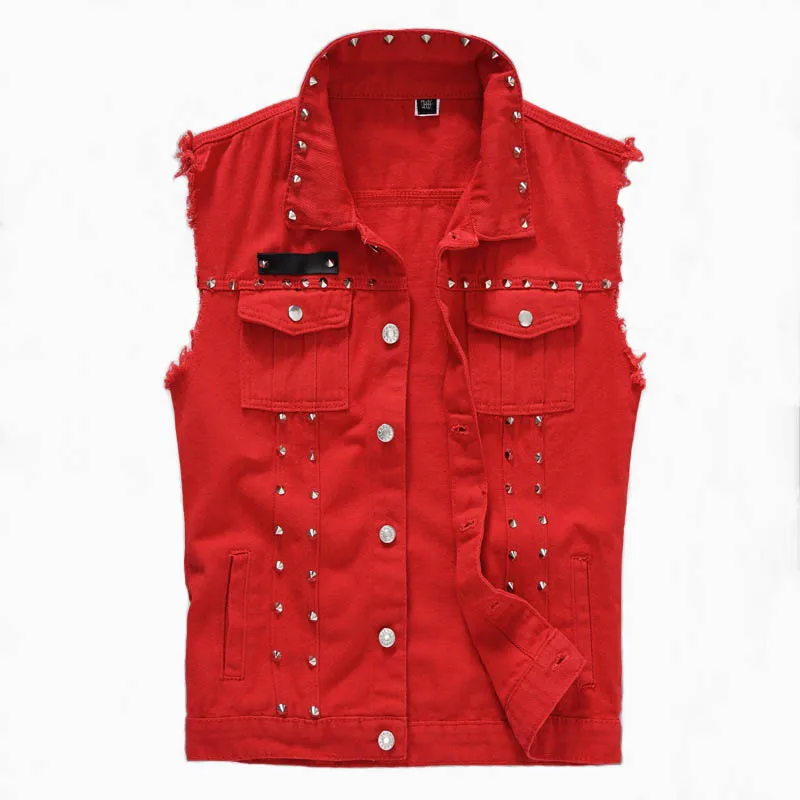 Mcikkny Men's Punk Denim Vest Fashion Rivet Jeans Waistcoats Male Sleeves Jeans Jackets Size M-5XL (4)